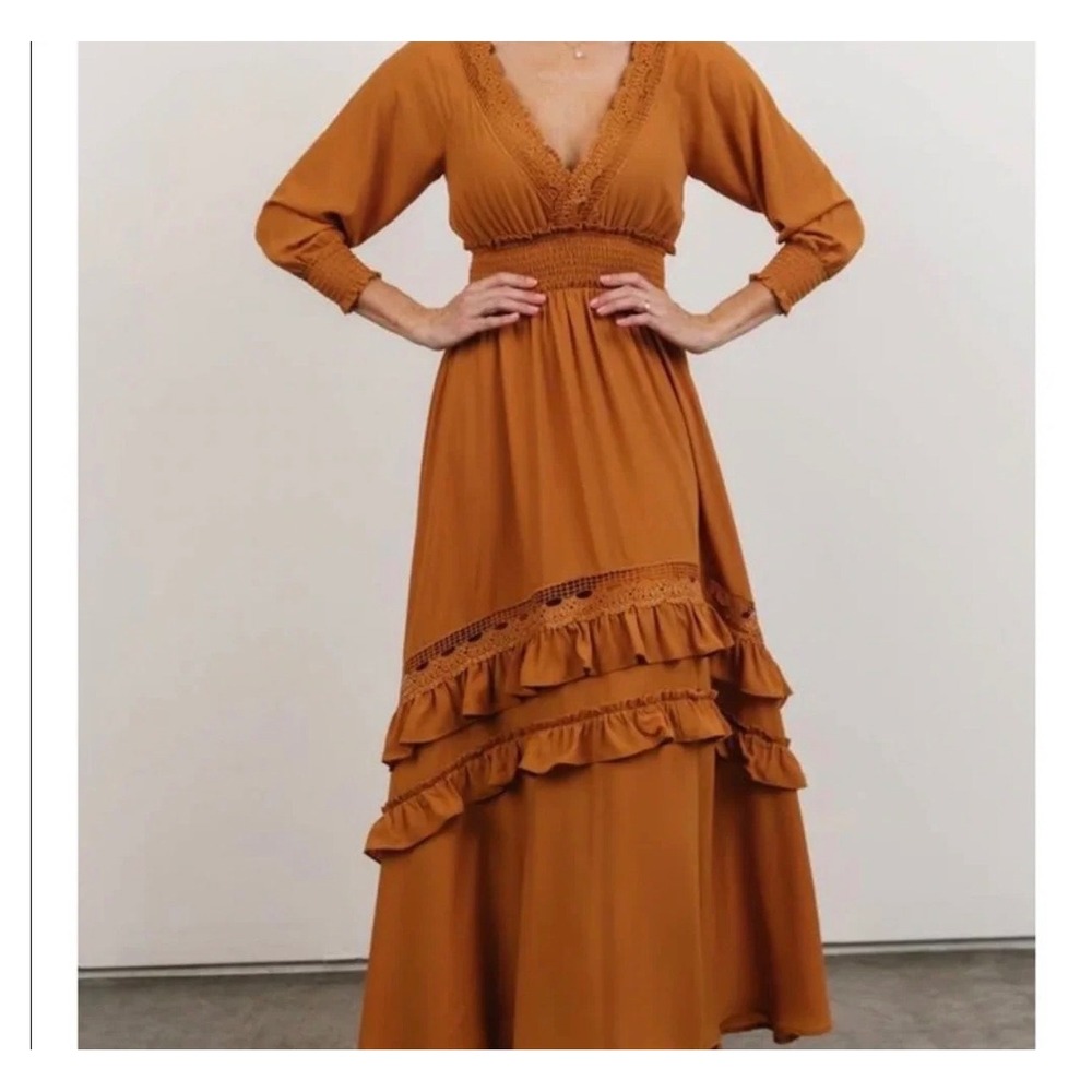 Baltic Born Rust Orange Crochet Lace Tiered Maxi Dress Boho Smocked Waist Women